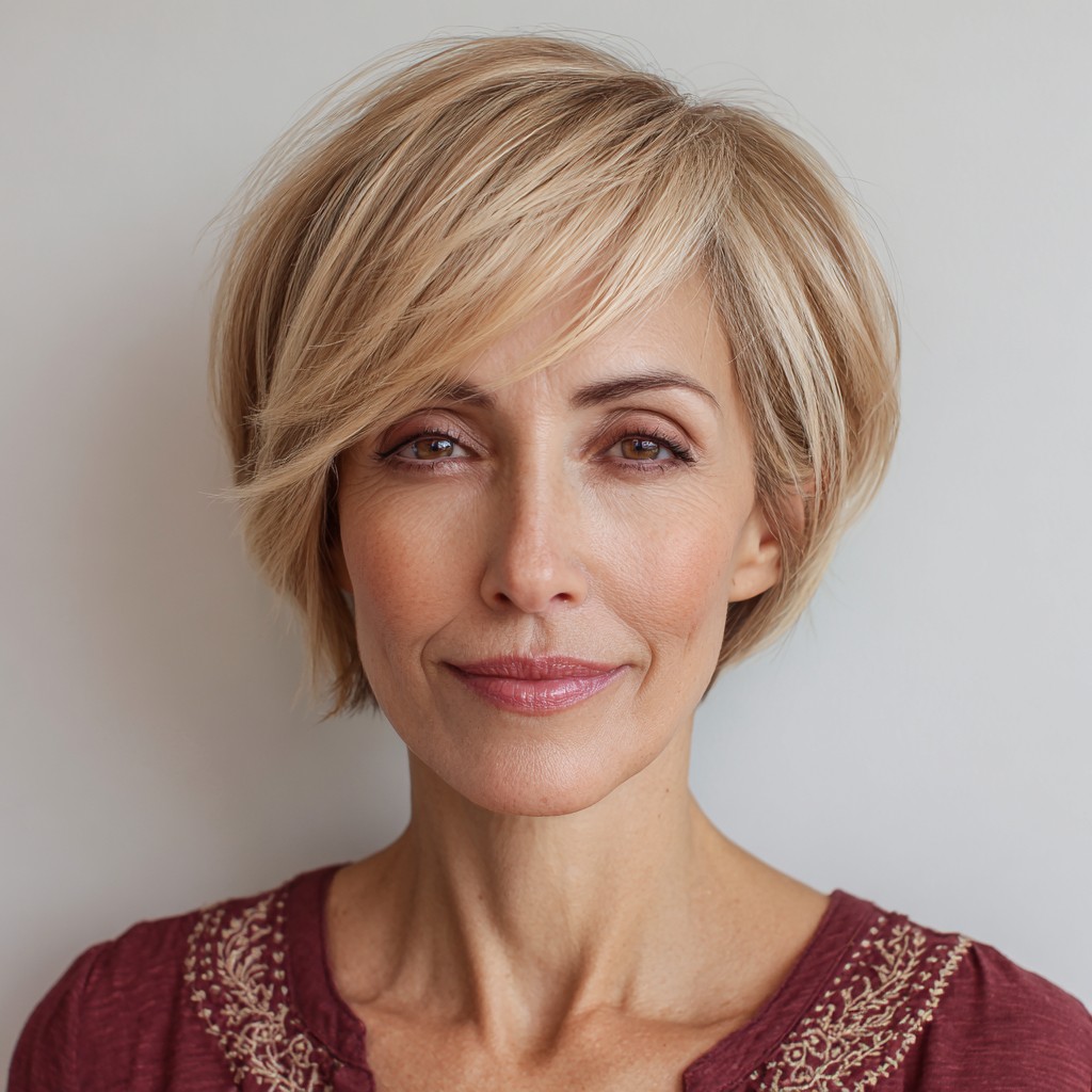 Modern Soft Blonde Textured Bob with Side-Swept Bangs
