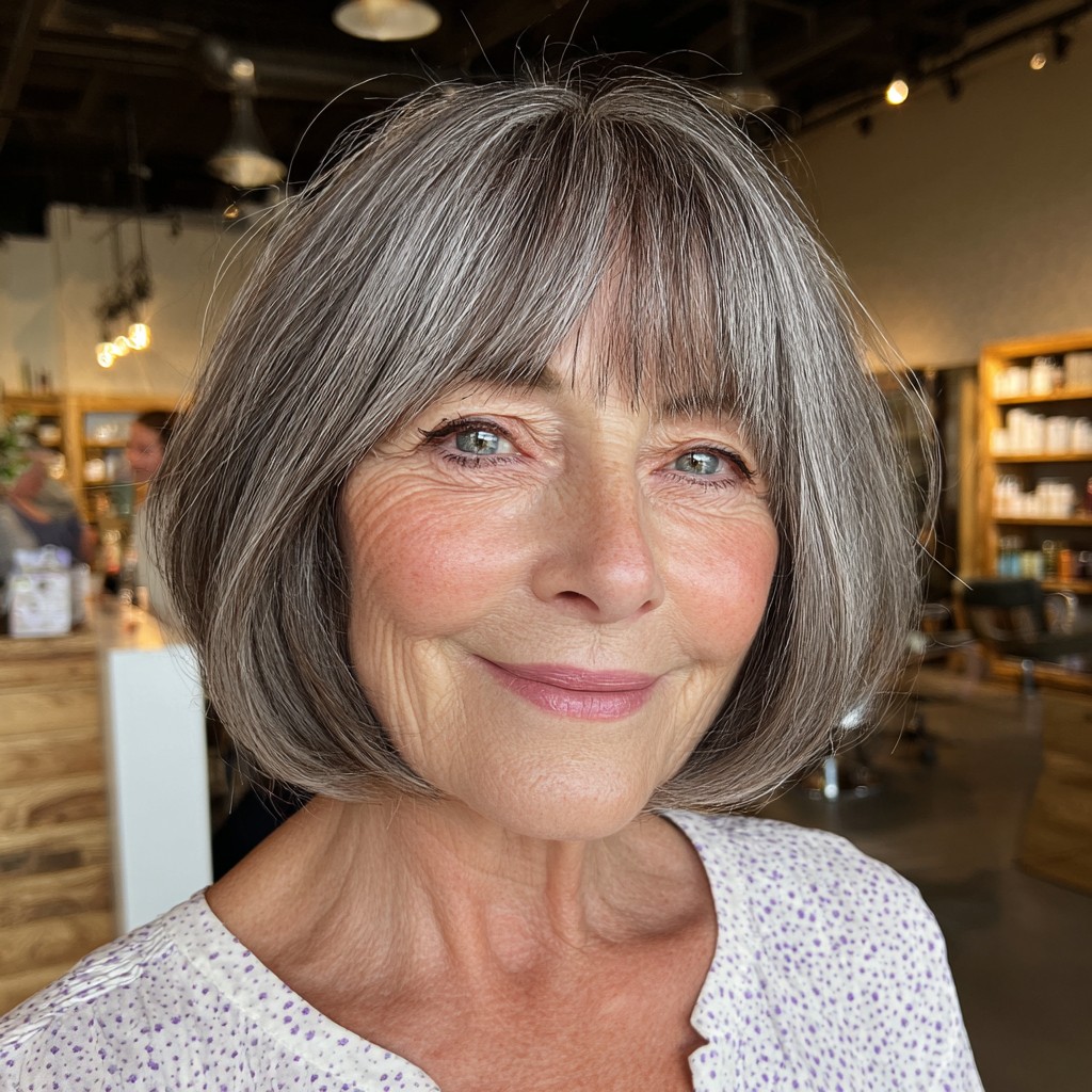 Modern Softly Layered Gray Bob with Fringe