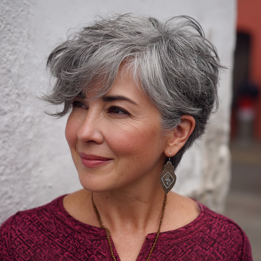 Modern Textured Gray Pixie Cut with Soft Waves