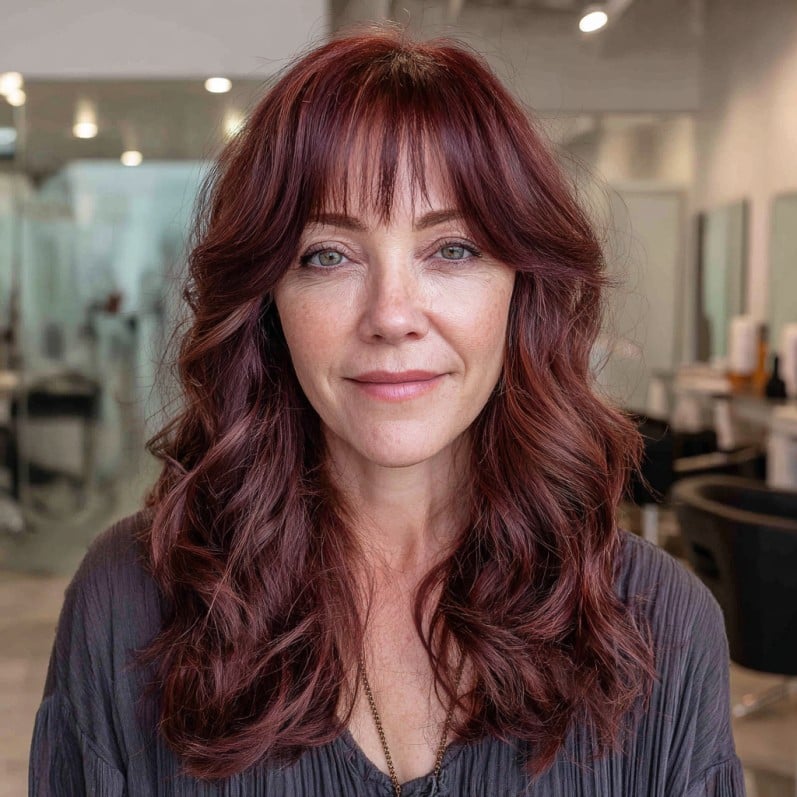 Ondas texturizadas color castaño rojizo intenso con flequillo suave
