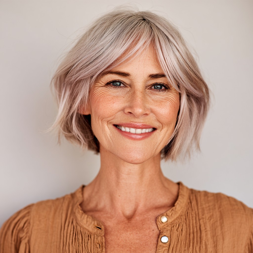 Softly Fluffed Ash Blonde Bob with Subtle Layers