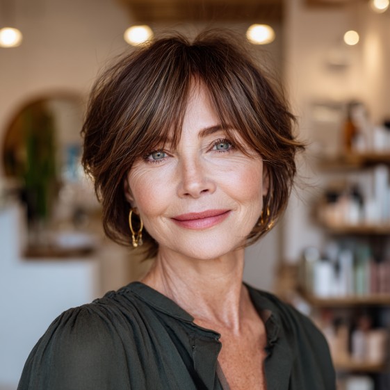 Softly Layered Light Brown Highlights with Face-Framing Bangs