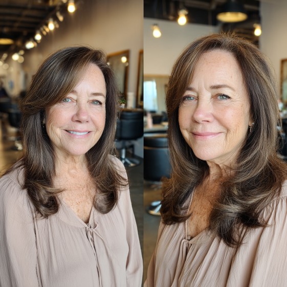 Softly Layered Light Brown Highlights with Face-Framing Waves