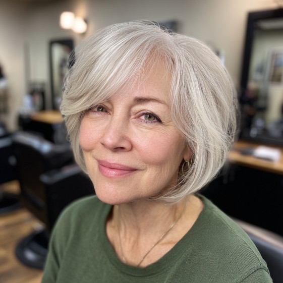 Softly Layered Silver Bob with Subtle Face-Framing Bangs