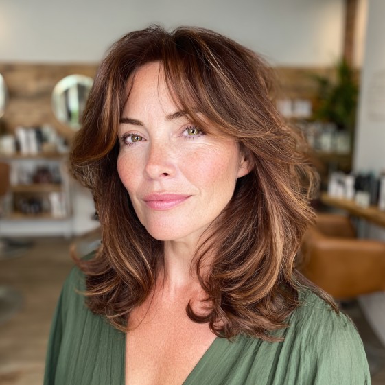 Softly Textured Flipped Layers with Face-Framing Highlights