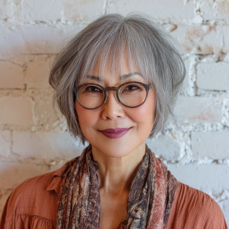 Softly Textured Gray Bob with Wispy Bangs