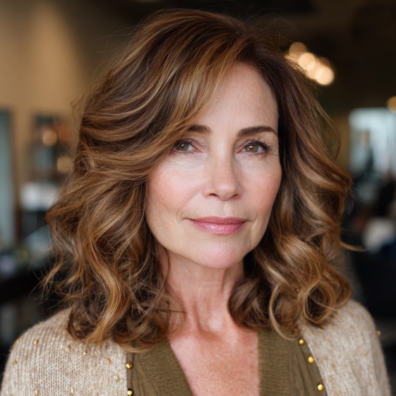 Softly Textured Medium-Length Waves with Light Brown Highlights