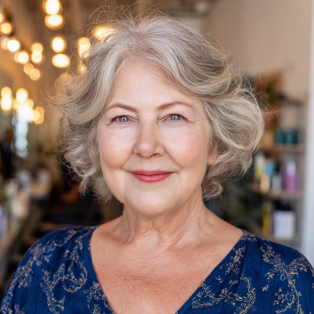 Softly Textured Silver Waves with Side-Swept Bangs