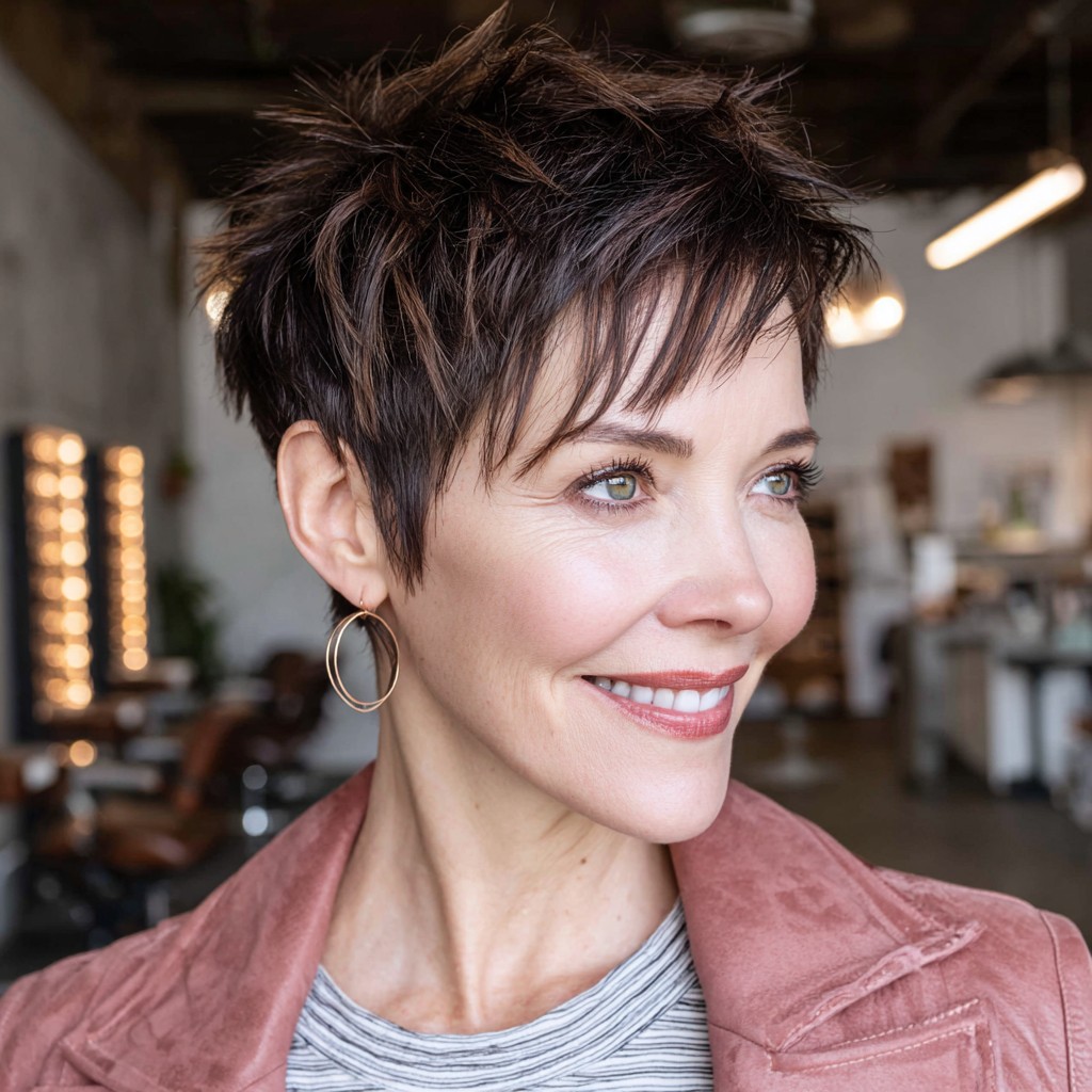 textured brunette pixie cut with subtle highlights