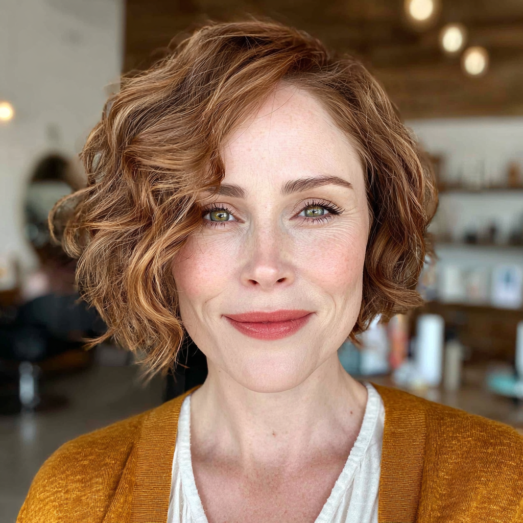 Textured Curly Bob with Warm Auburn Highlights