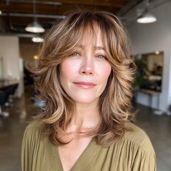 Textured Flipped Layers with Soft Bangs for Fine Hair