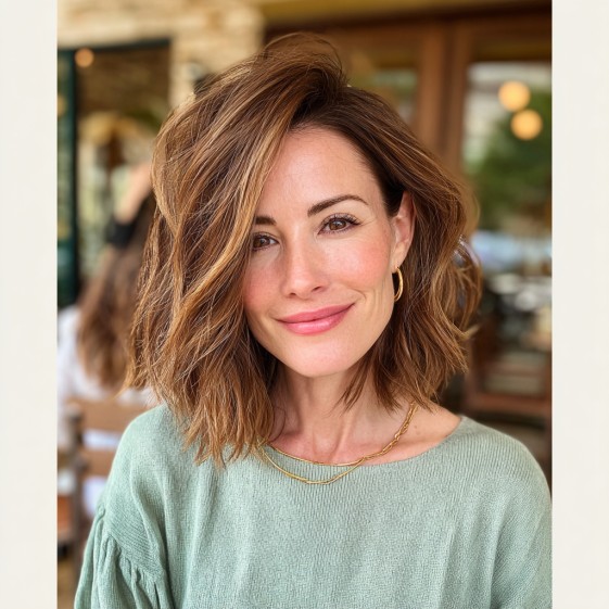 Textured Midi Bob with Warm Caramel Highlights