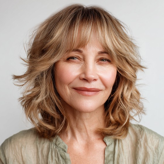 Textured Shoulder-Length Shag with Light Brown Highlights