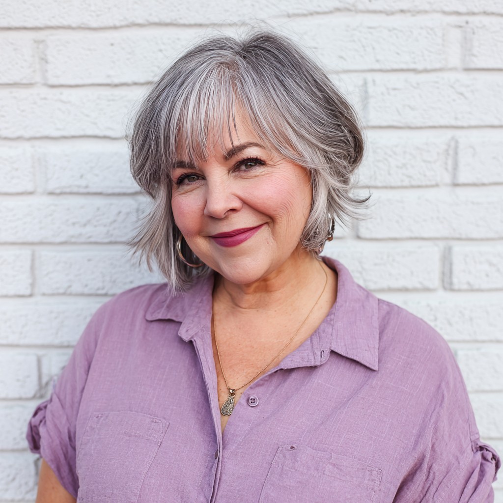 Textured Silver Shaggy Bob with Soft Bangs