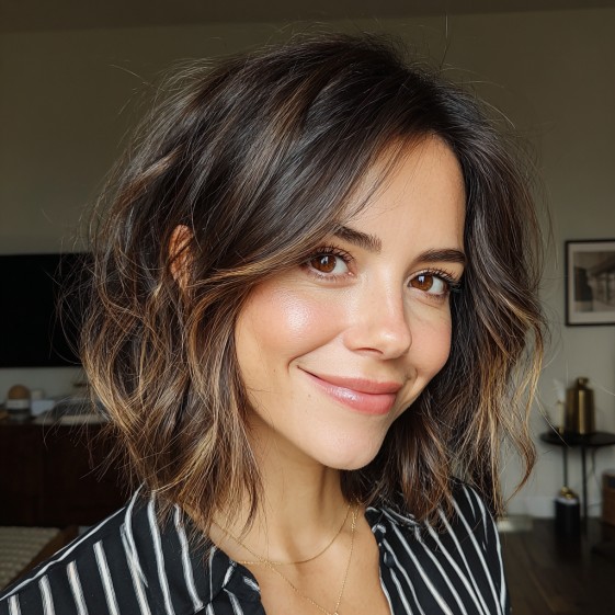 Textured Wavy Midi Bob with Soft Highlights