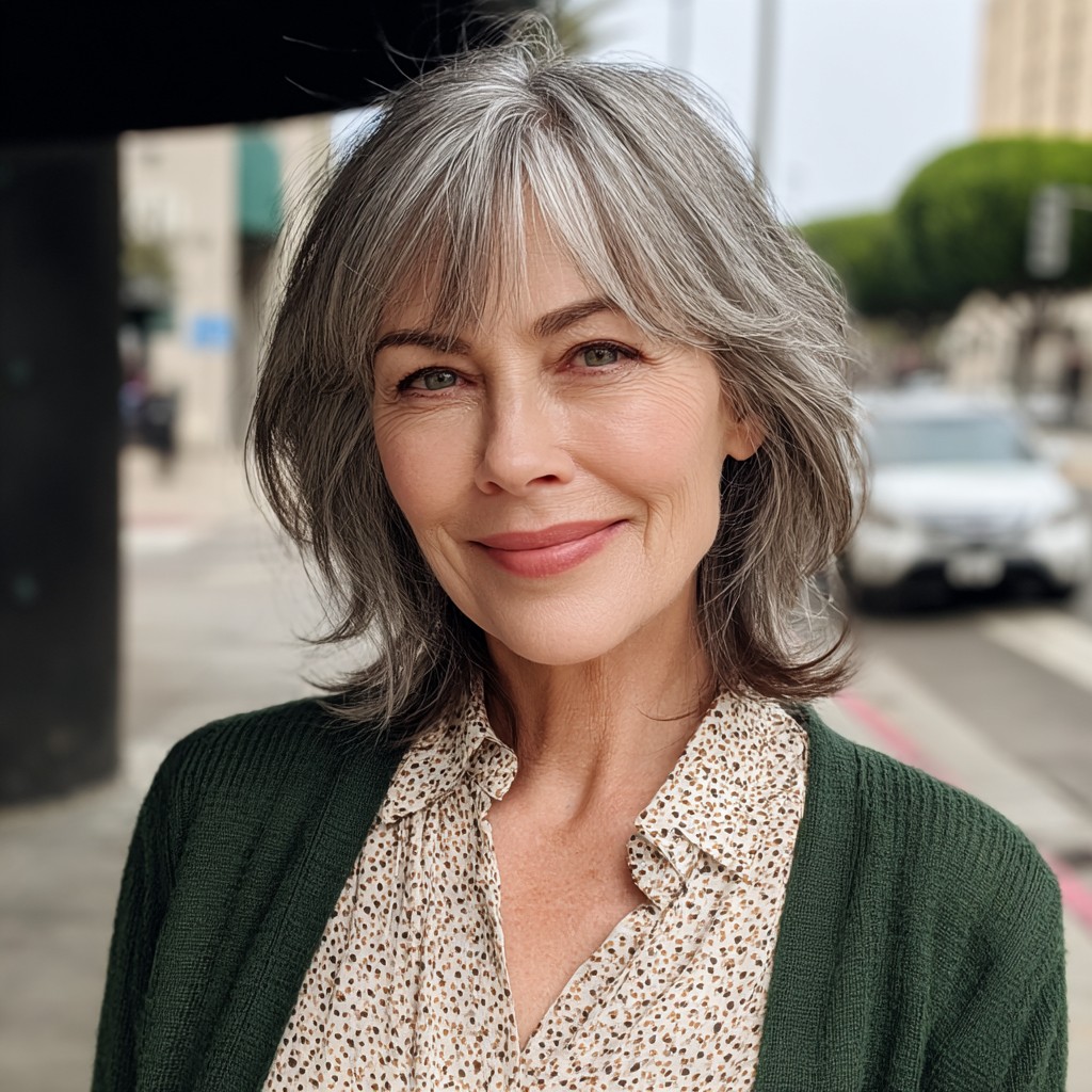 Textured Silver Lob with Soft Curtain Bangs