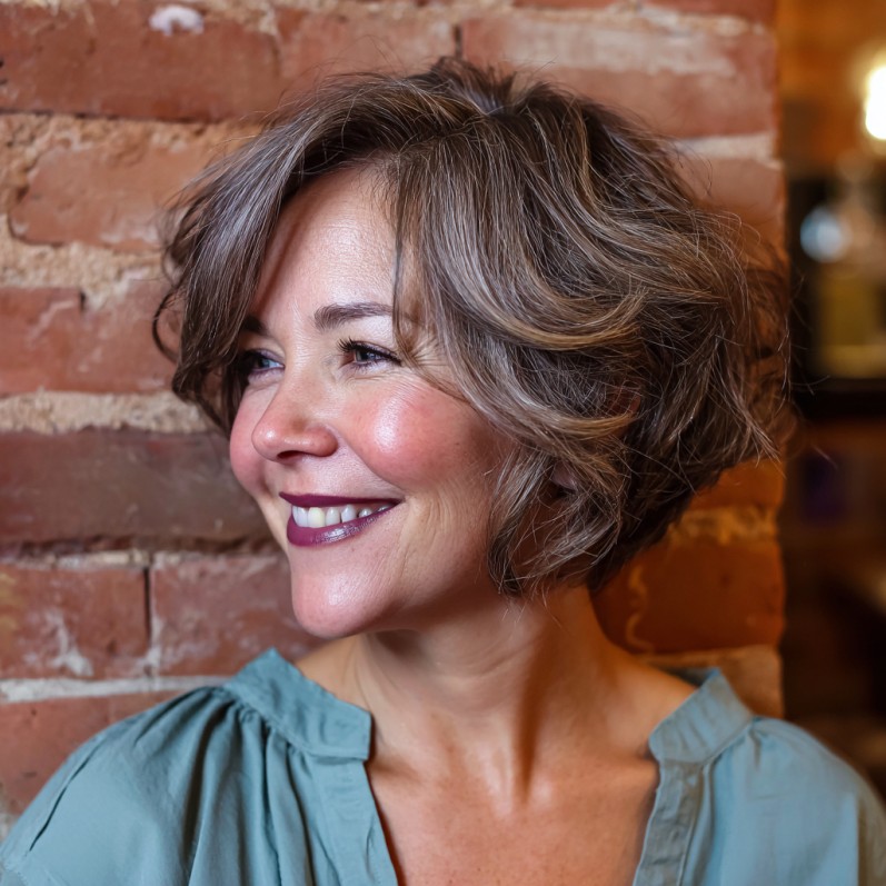 Chic Curly Balayage Bob with Subtle Gray Highlights