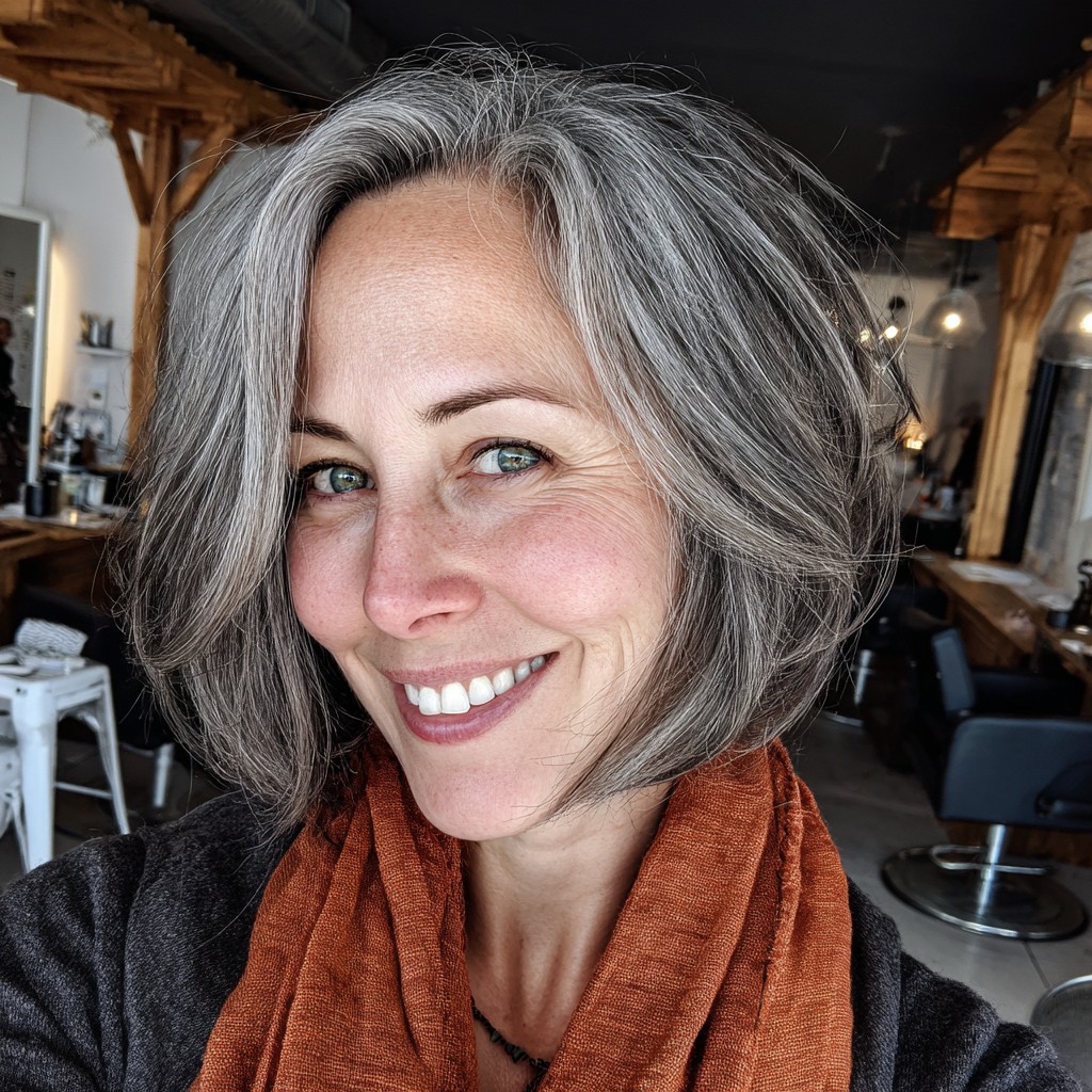 chic layered bob with soft gray highlights