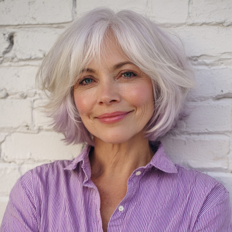 Chic Silver Draped Bob with Lavender Undertones