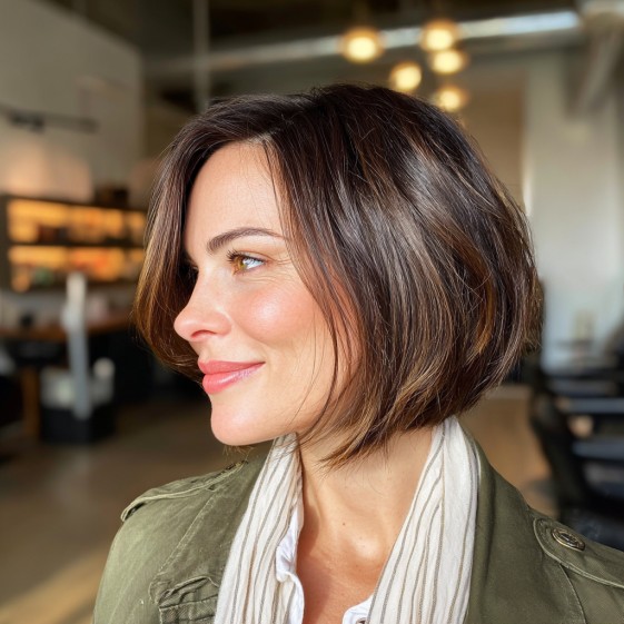 Chic Subtle Layered A-Line Bob with Warm Highlights