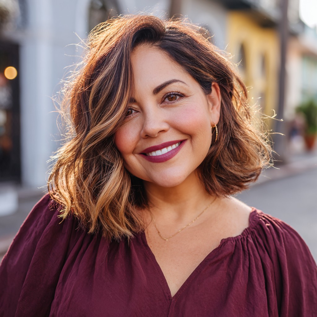 Chic Textured Beachy Bob with Warm Highlights