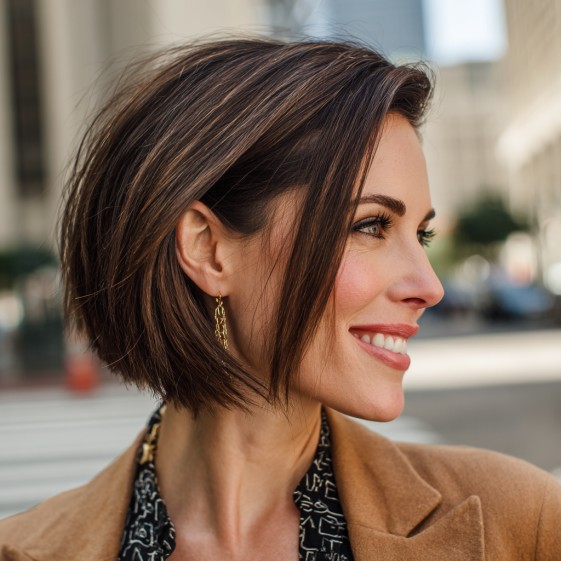 Chic Warm Brown A-Line Bob with Subtle Highlights