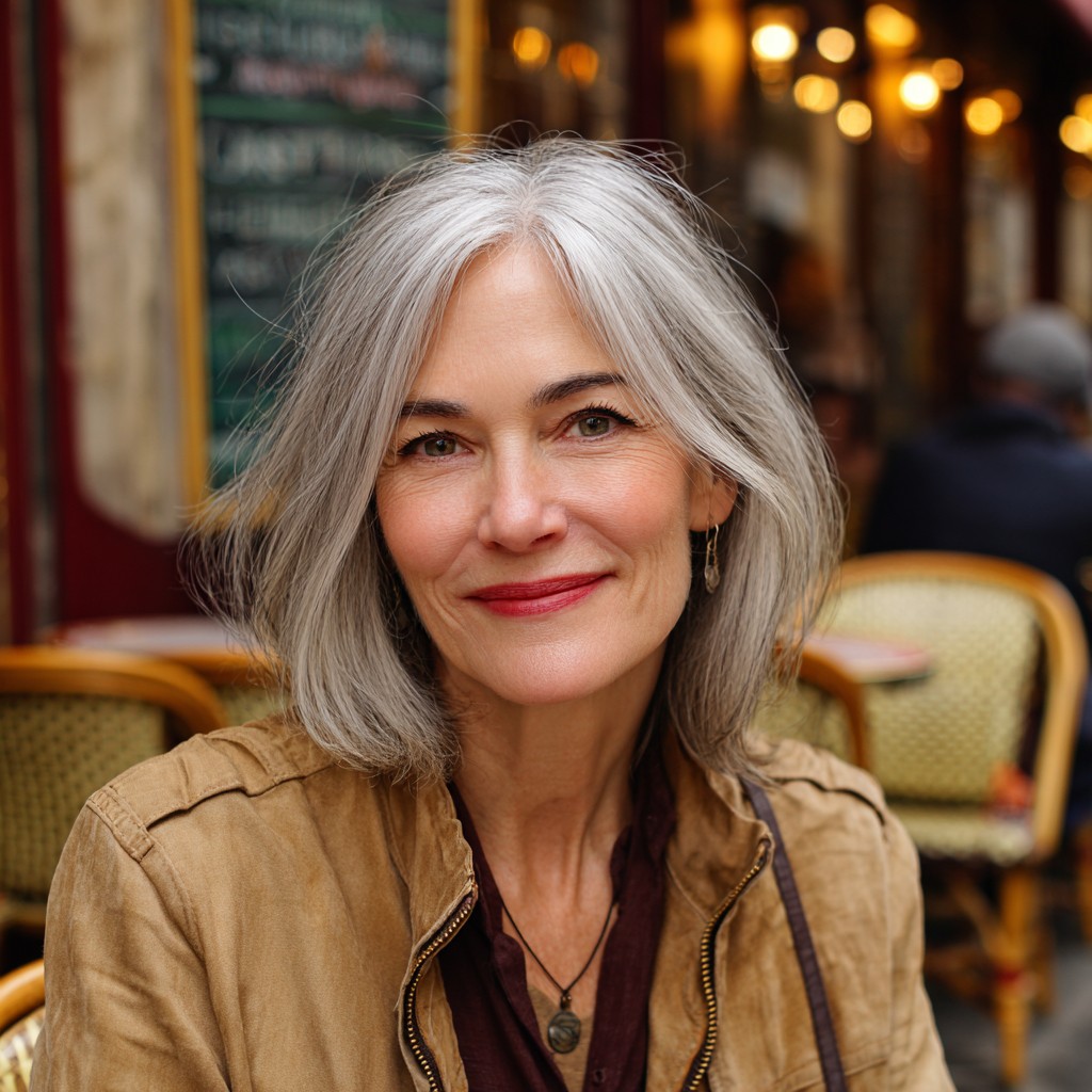 Classic Silver Lob with Soft Curtain Bangs