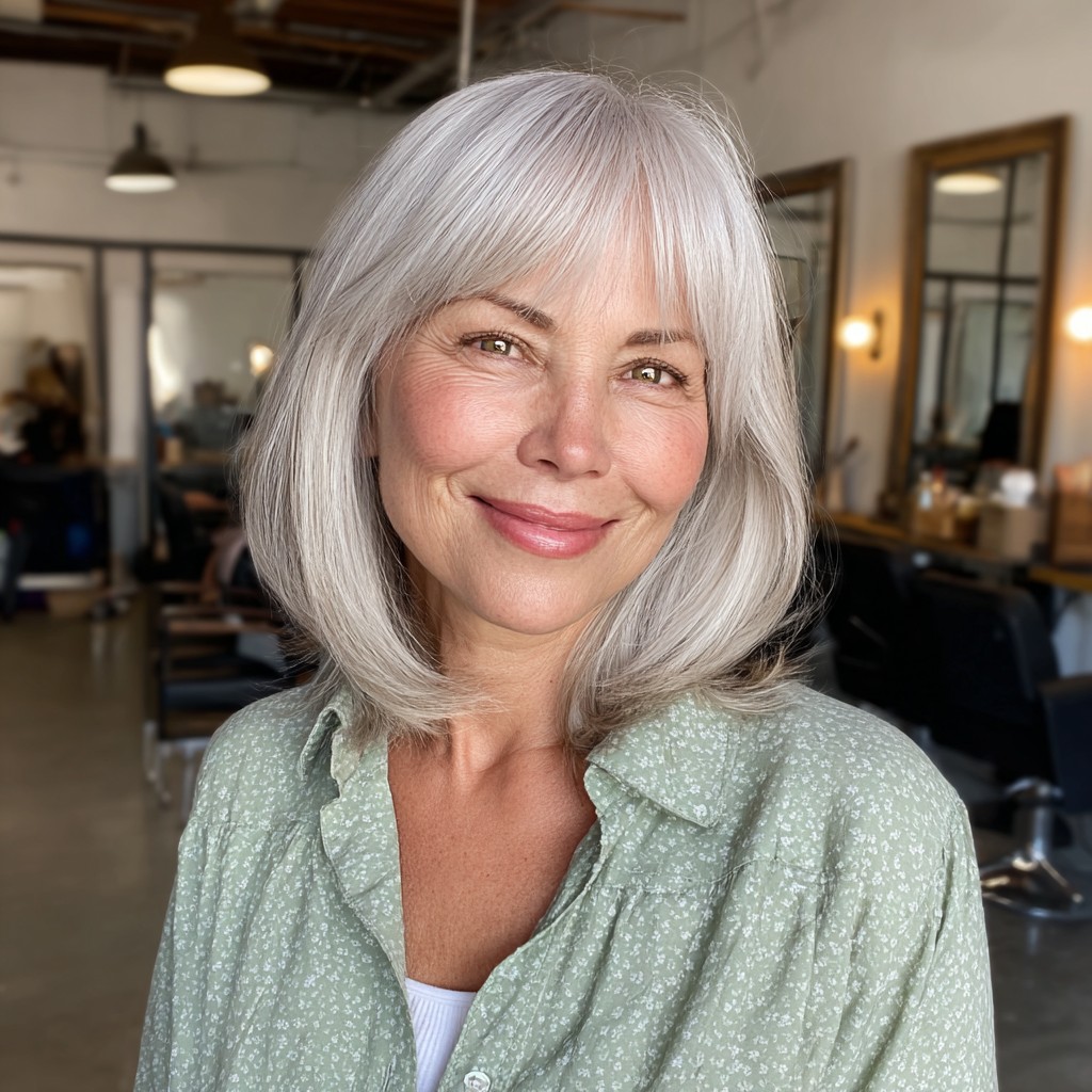 Modern Silvery Lob with Soft Curtain Bangs