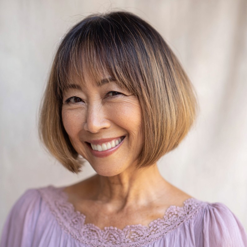 Modern Textured Balayage Bob with Soft Fringe