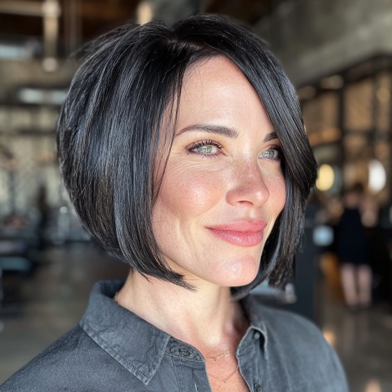 Sleek Jet Black A-Line Bob with Subtle Texture