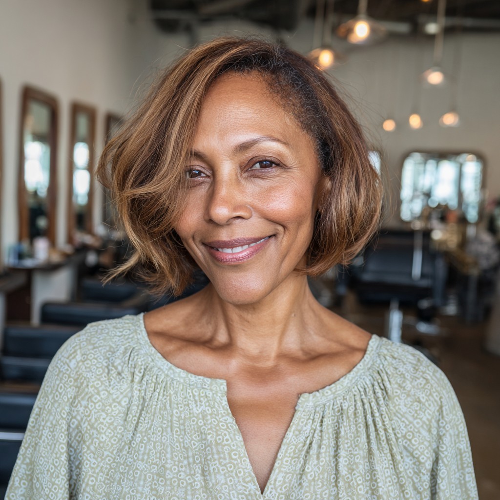 Softly Layered Warm Brown Bob with Face-Framing Pieces