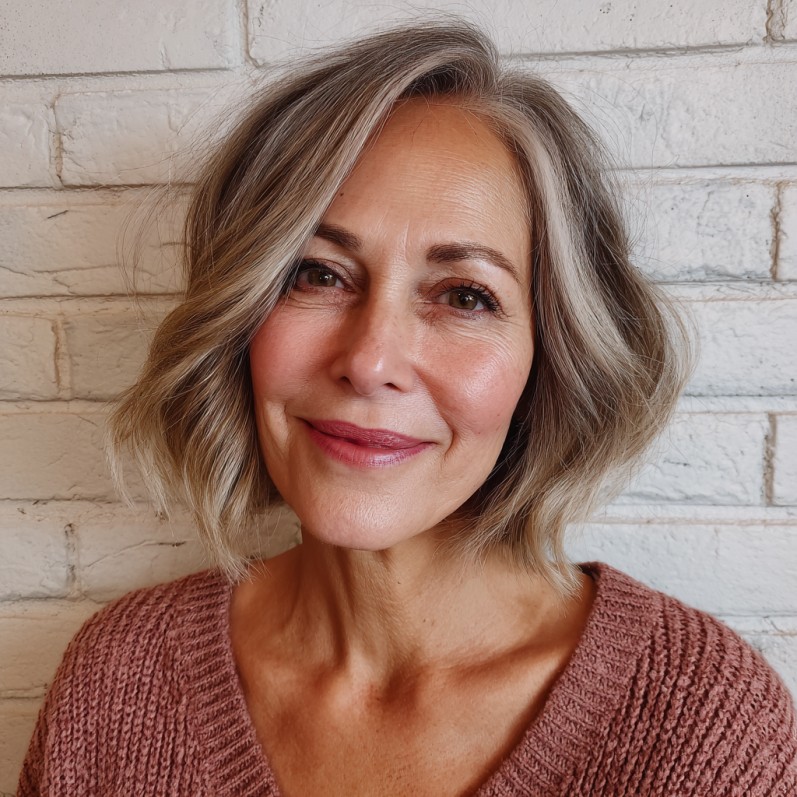 Softly Textured Balayage Bob with Subtle Silver Highlights