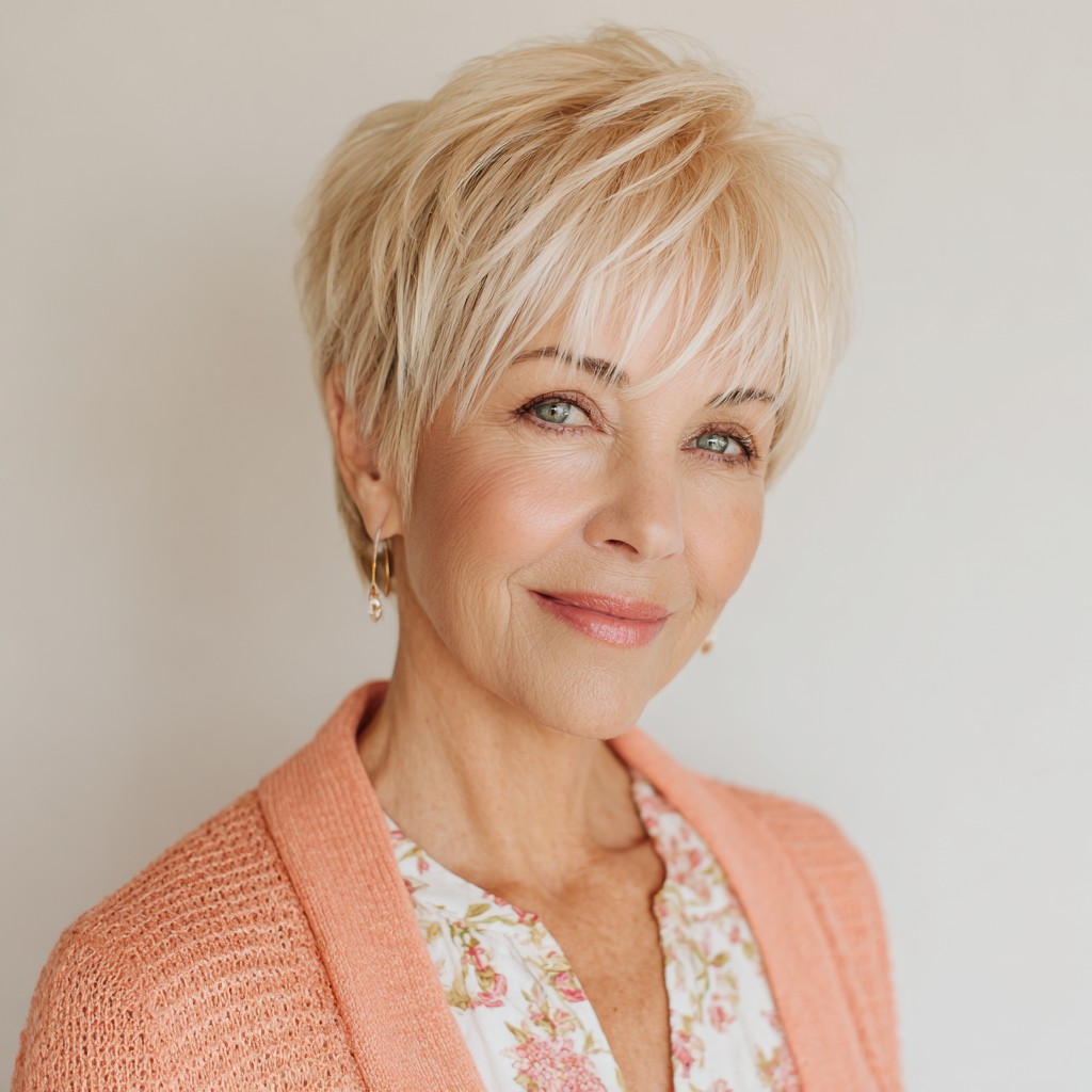 Softly Textured Blonde Pixie with Flirty Bangs