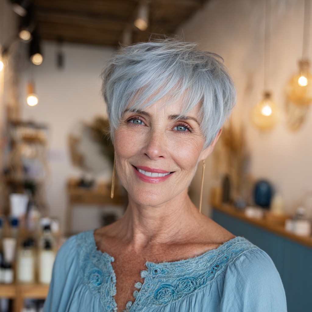 Stylish Effortless Silver Pixie with Layered Texture