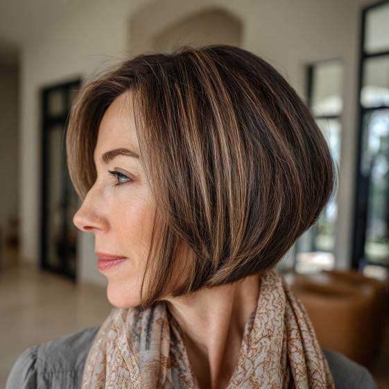 Stylish Warm Brown A-Line Bob with Subtle Highlights