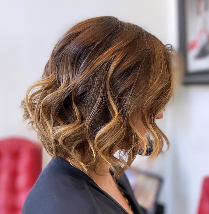 Textured Balayage Bob with Warm Caramel Tones