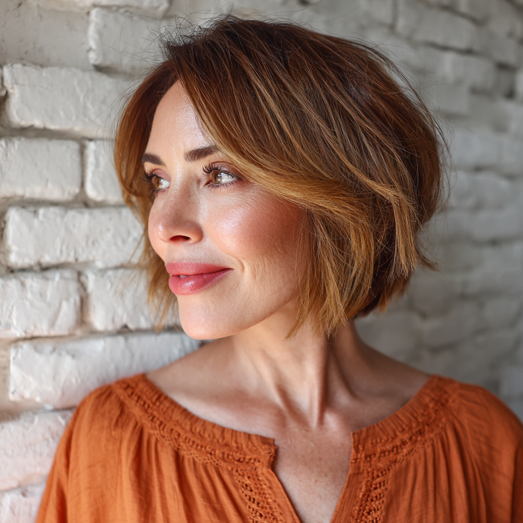 Textured Caramel Angular Bob with Subtle Layers