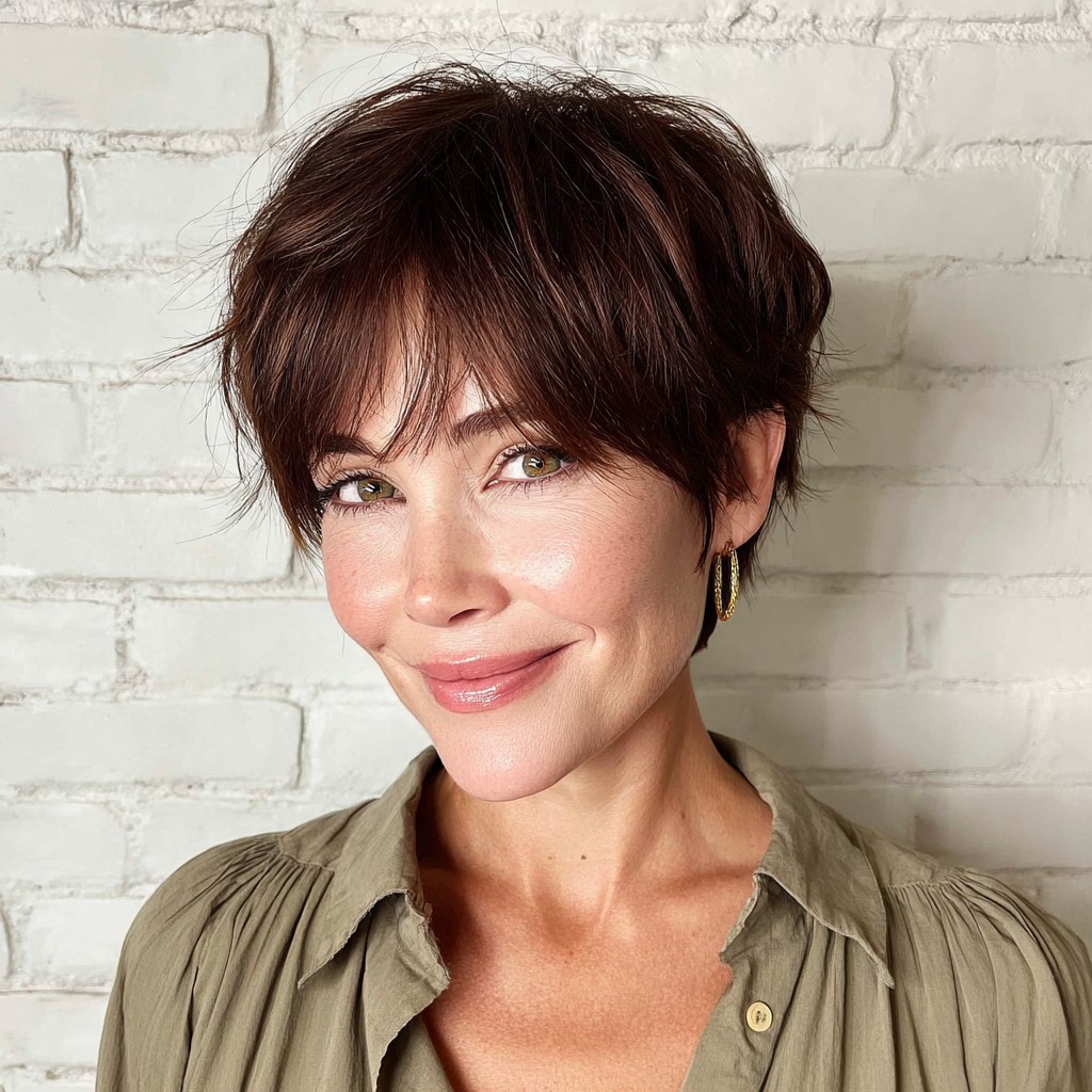 Textured Chestnut Pixie with Soft Bangs