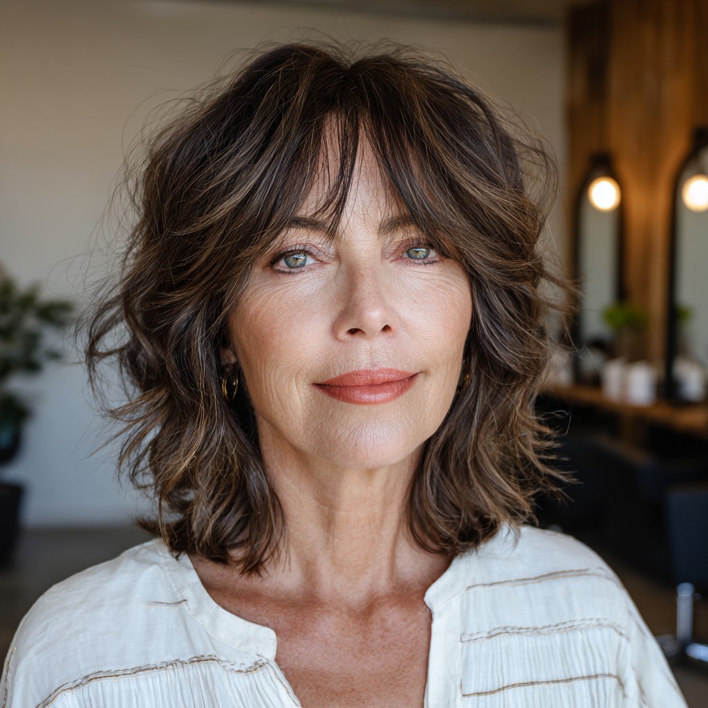 Textured Chocolate Lob with Curtain Bangs