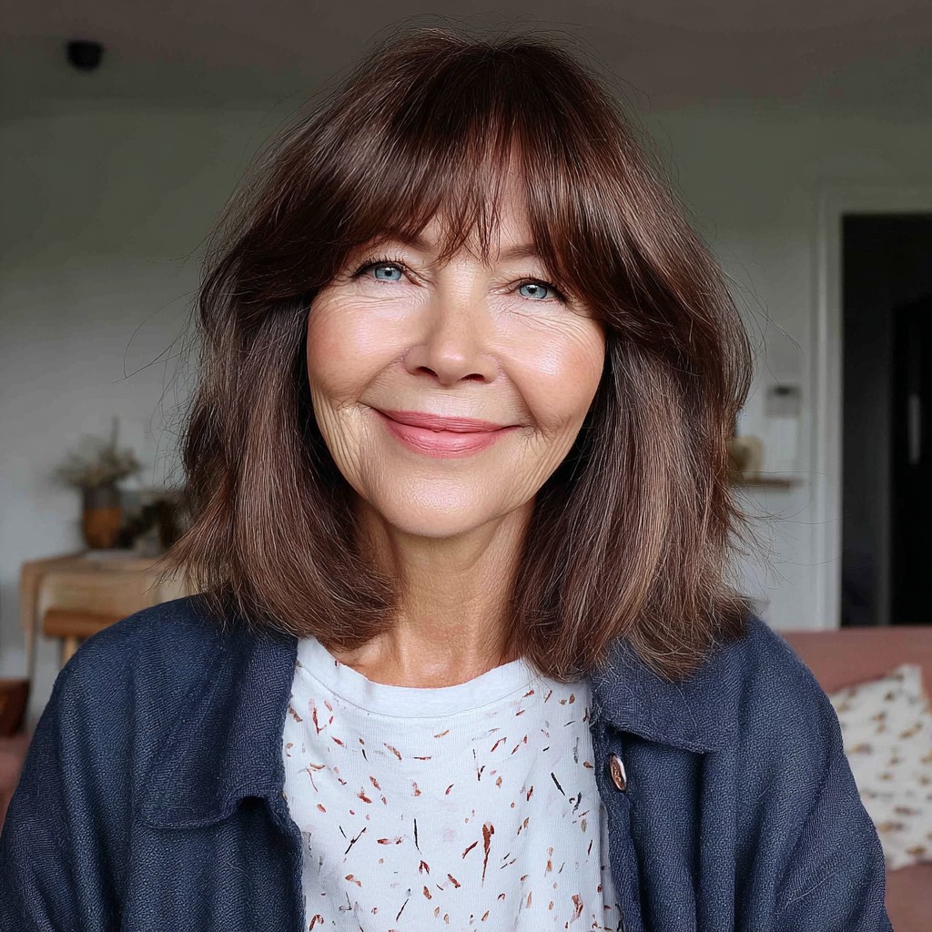 Textured Chocolate Lob with Soft Curtain Bangs