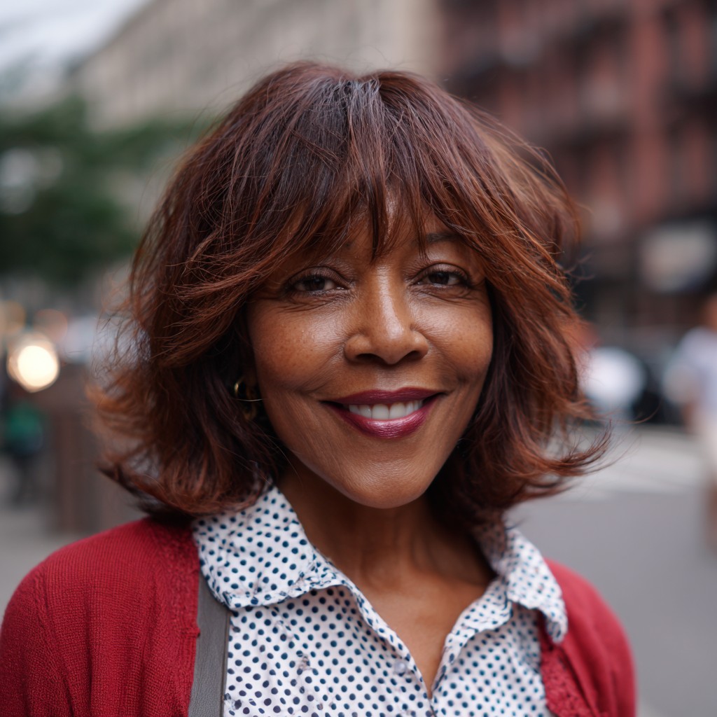 Textured Copper Lob with Soft Curtain Bangs
