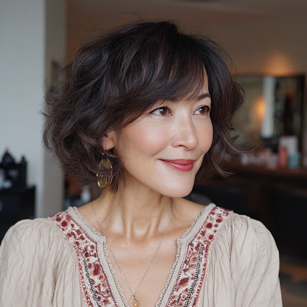 Textured Curly Bob with Soft Bangs