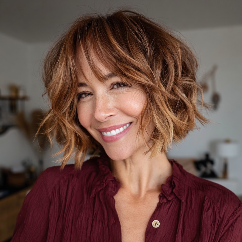 Textured Wavy Balayage Bob with Fringed Bangs