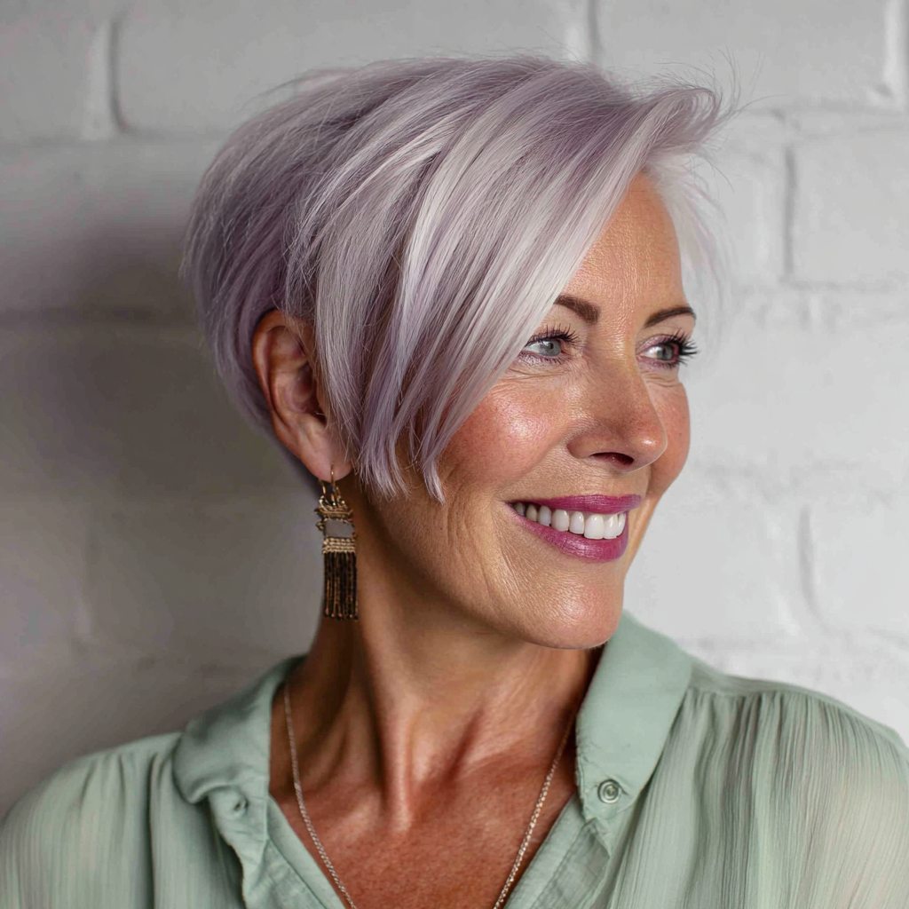 chic layered lavender pixie with asymmetrical bangs
