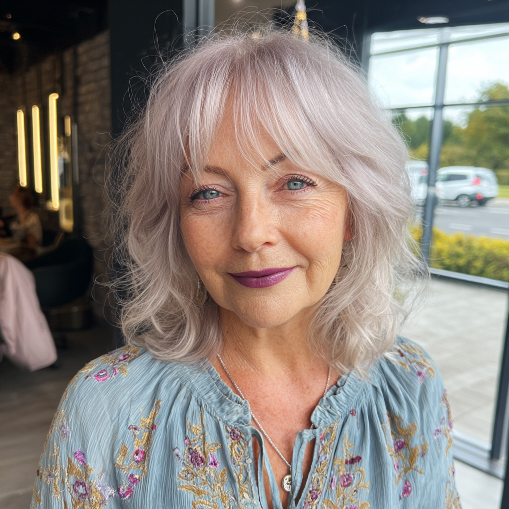 Chic Layered Silver Shag with Soft Bangs