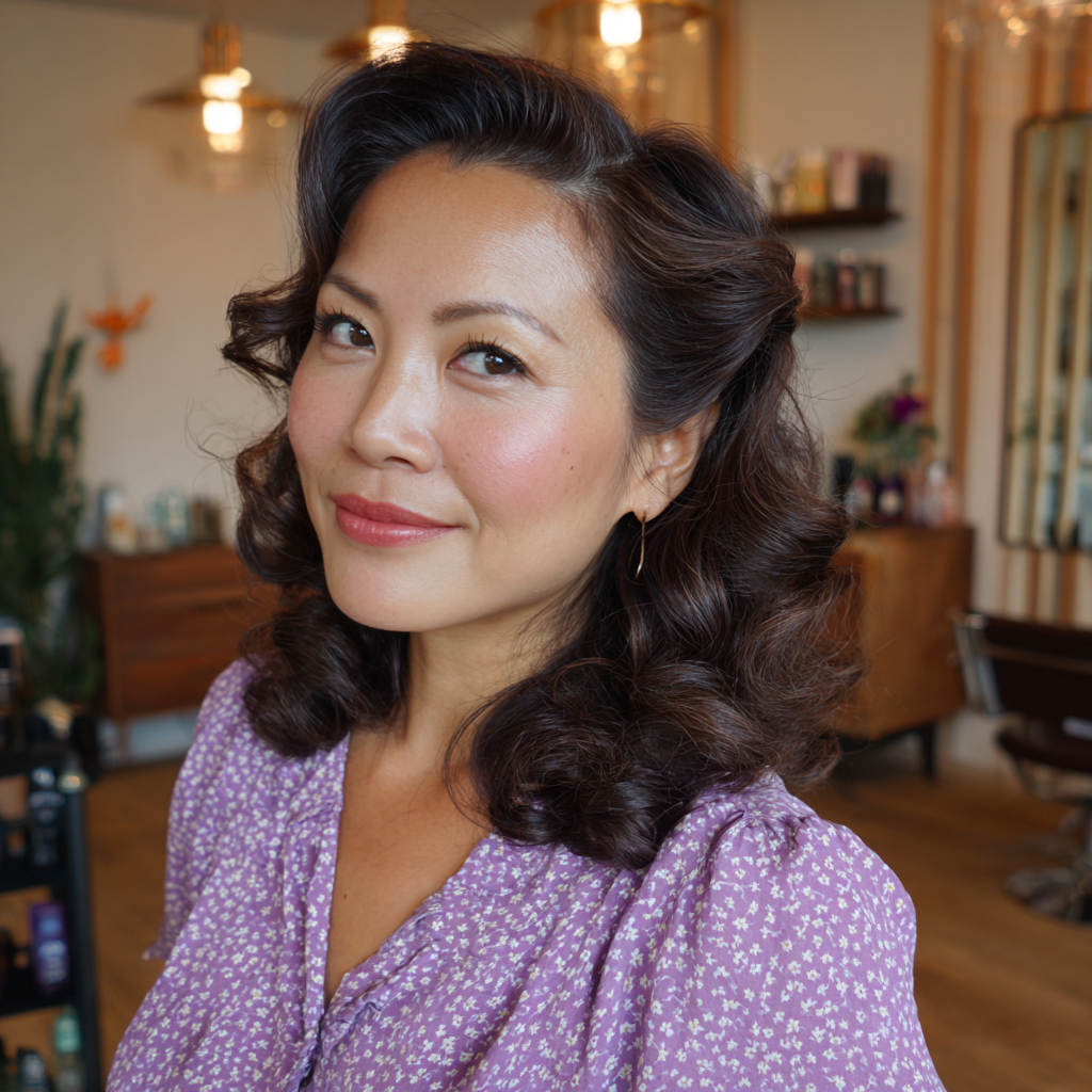 Chic Retro-Inspired Curly Lob with Soft Volume
