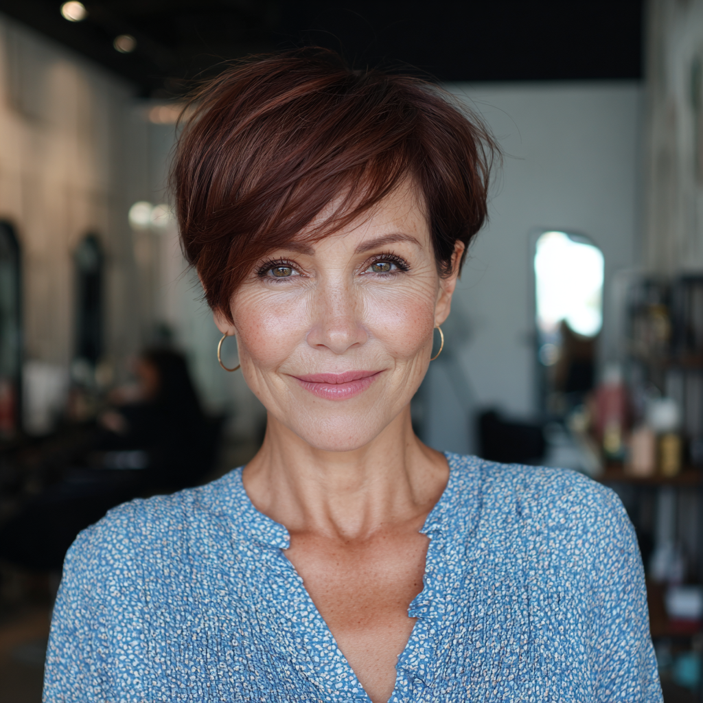 Chic Rich Auburn Pixie Cut with Long Side Bangs