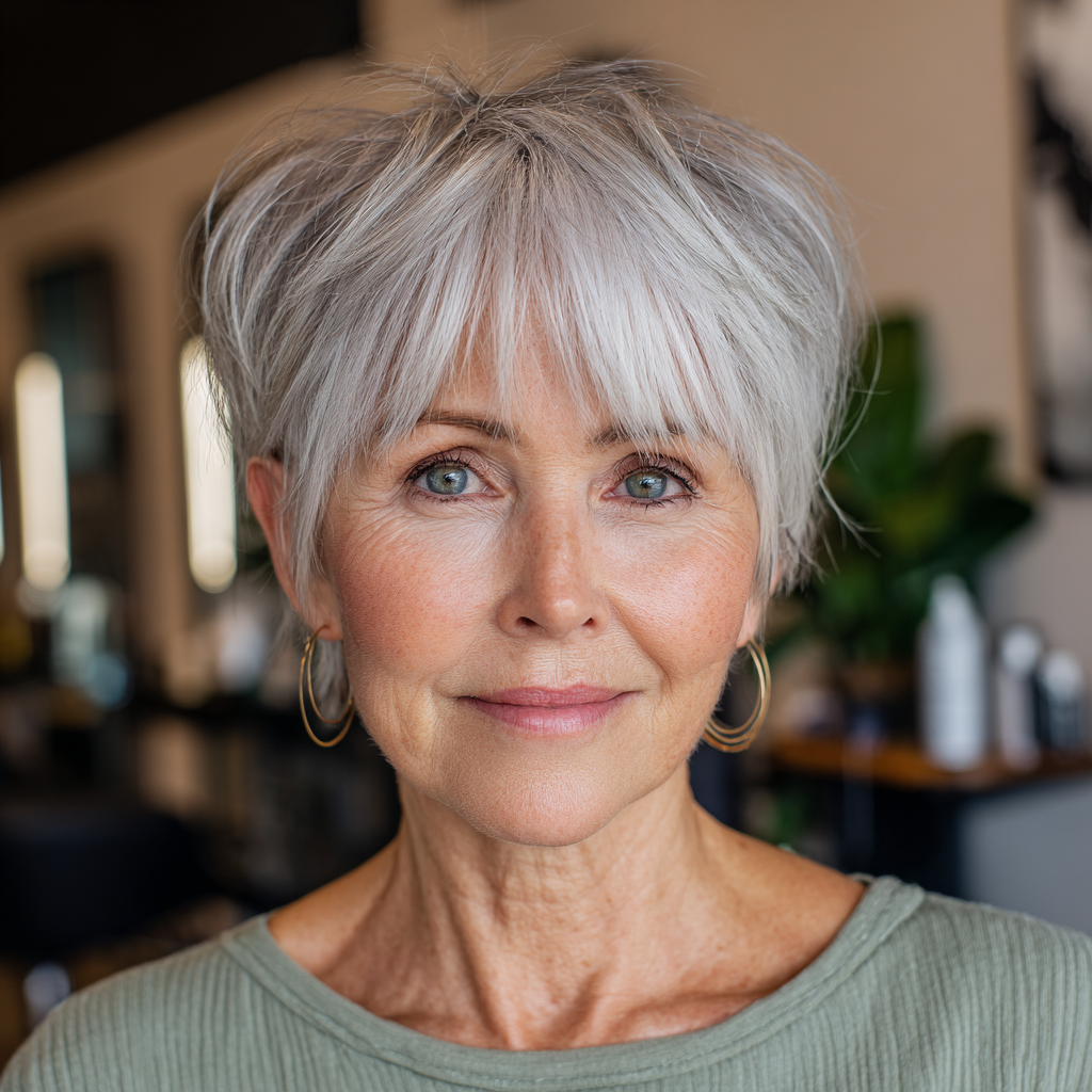 Chic Silver Pixie Cut with Feathered Bangs
