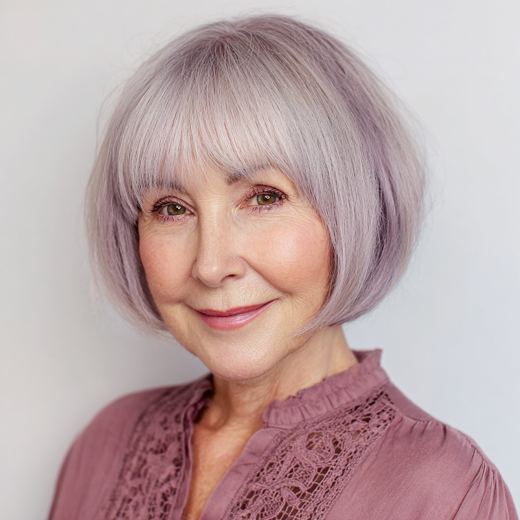 Chic Soft Lavender Pageboy Bob with Straight Bangs