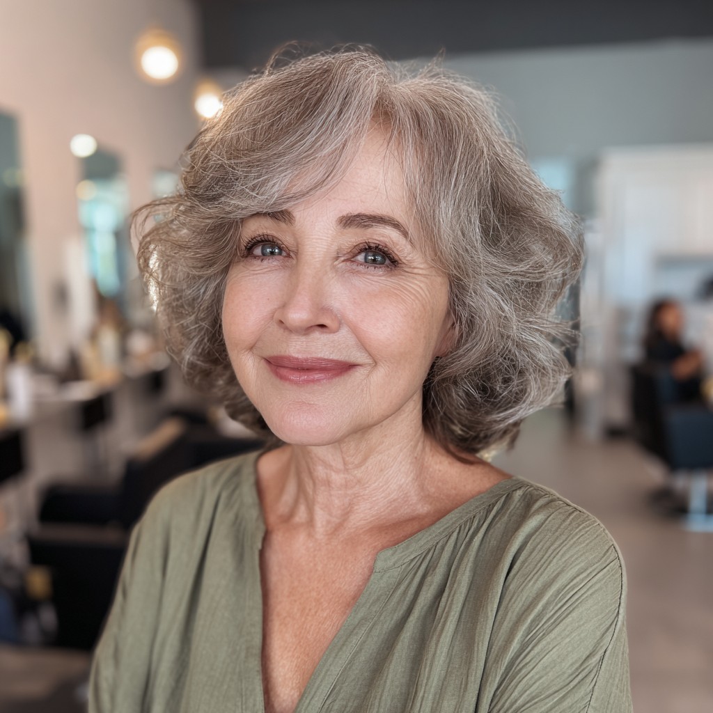 Chic Softly Curled Silver Bob with Layered Texture